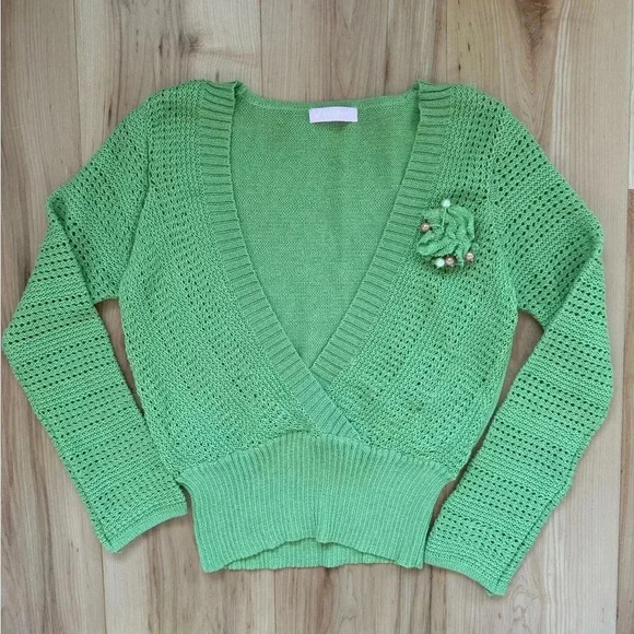 Knit Women’s Sweater Unique 2000s Lime Green Crochet Style, Vigoss/bonwee small - Picture 1 of 14